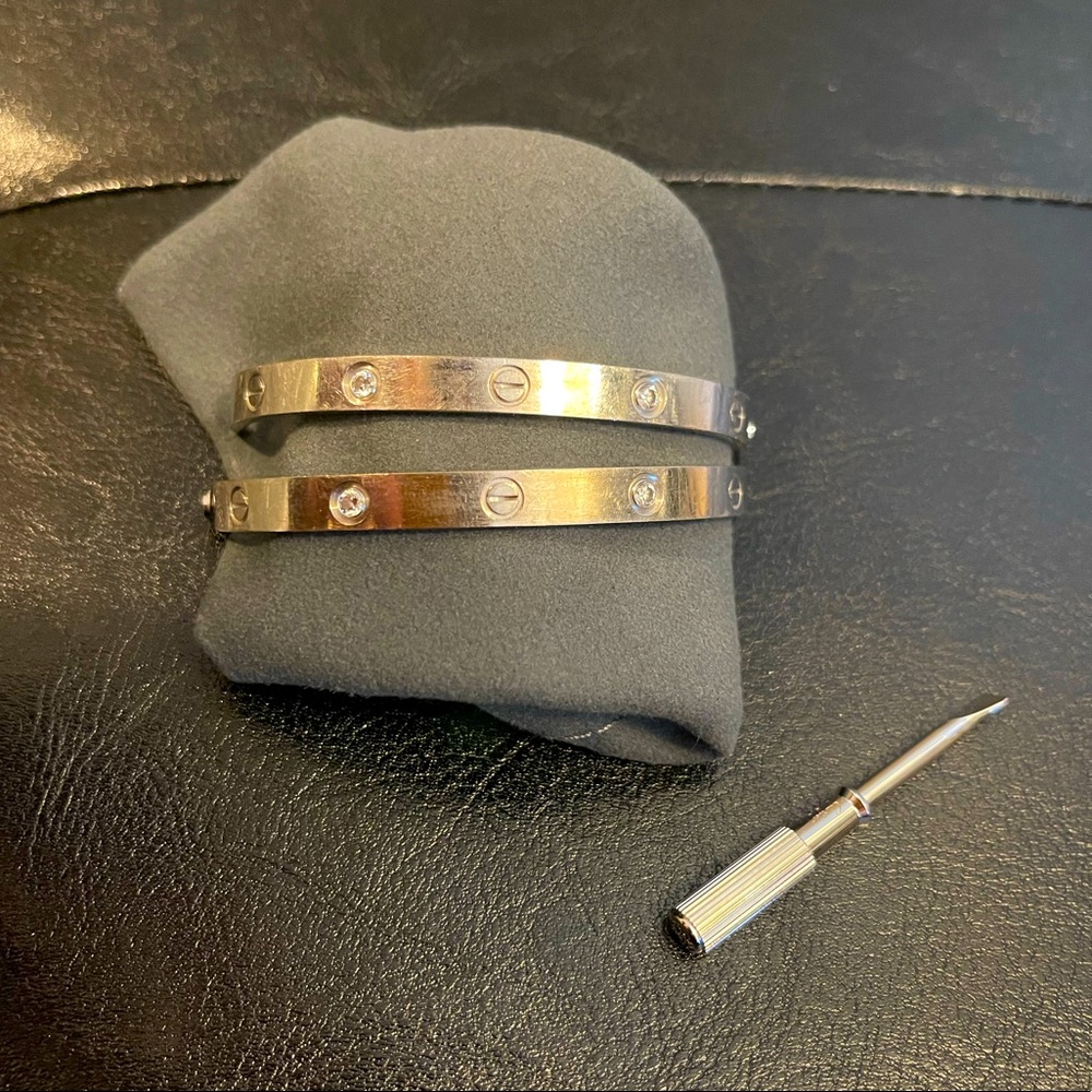 Cartier love bracelet silver 4 diamonds size 19 /  box & warranty